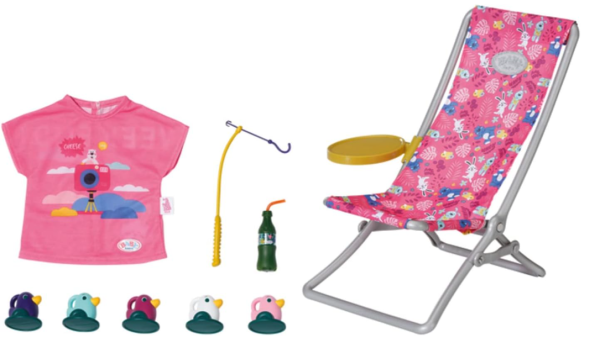 BABY born 832790 Weekend Fischen - Puppenzubehör Angel-Set mit bunt bedruckten Liegestuhl mit Ablagetischchen, Flasche, Korb, Enten und Angel sowie pinkem Longshirt, Pink