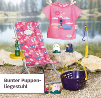 BABY born 832790 Weekend Fischen - Puppenzubehör Angel-Set mit bunt bedruckten Liegestuhl mit Ablagetischchen, Flasche, Korb, Enten und Angel sowie pinkem Longshirt, Pink