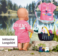 BABY born 832790 Weekend Fischen - Puppenzubehör Angel-Set mit bunt bedruckten Liegestuhl mit Ablagetischchen, Flasche, Korb, Enten und Angel sowie pinkem Longshirt, Pink