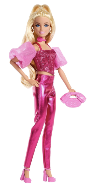 Barbie Deluxe Style-Puppe #5 in rosafarbenem Metallic-Outfit, blond, mit glitzerndem Korsett-Top und glänzender Hose mit Accessoires wie Einer rosafarbenen Kette und Einer Handtasche, JFP40