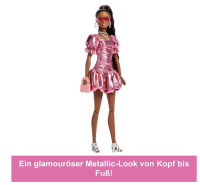 Barbie Deluxe Style-Puppe #6 mit korallfarbenem Metallic-Kleid und ballonförmigem Saum, schwarzhaarigem Pferdeschwanz und verschiedenen Accessoires wie Sonnenbrille, Schmuck und Handtasche, JFP41