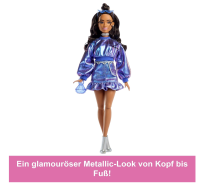 Barbie Deluxe Style-Puppe #7 mit blauem Metallic-Top und Rock, welligen braunen Haaren und Accessoires wie Silberschmuck, Kristall-Handtasche und Sonnenbrille, JFP42