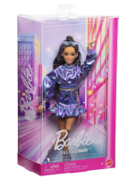 Barbie Deluxe Style-Puppe #7 mit blauem Metallic-Top und Rock, welligen braunen Haaren und Accessoires wie Silberschmuck, Kristall-Handtasche und Sonnenbrille, JFP42