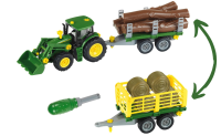 Theo Klein 3906 John Deere Traktor mit Holz- und Heuwagen I Schraubset inkl. Schraubendreher I Maße: 47 cm x 10,50 cm x 12 cm I Spielzeug für Kinder ab 3 Jahren